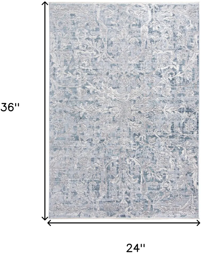 Blue Gray And Silver Abstract Distressed Area Rug With Fringe Photo 4