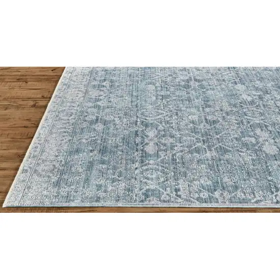 Blue Gray And Silver Abstract Distressed Area Rug With Fringe Photo 5