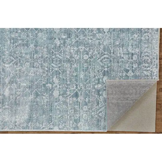 Blue Gray And Silver Abstract Distressed Area Rug With Fringe Photo 4