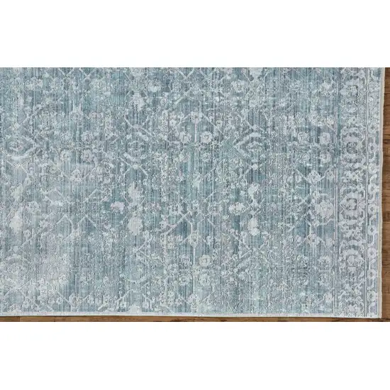 Blue Gray And Silver Abstract Distressed Area Rug With Fringe Photo 6