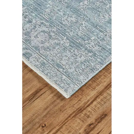 Blue Gray And Silver Abstract Distressed Area Rug With Fringe Photo 3