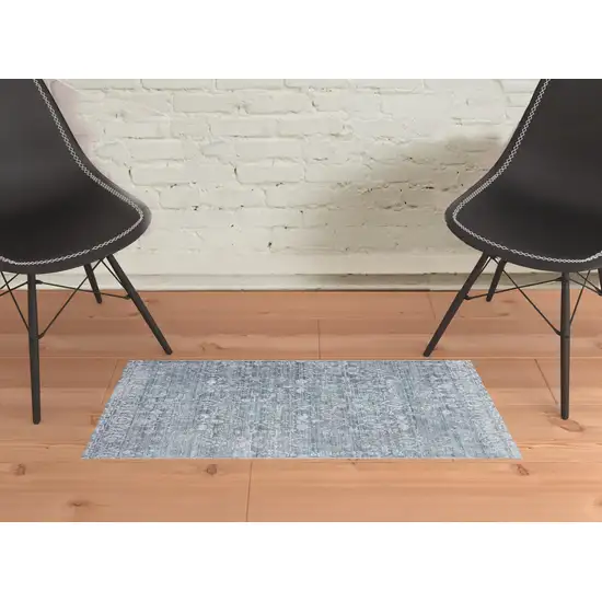 Blue Gray And Silver Abstract Distressed Area Rug With Fringe Photo 2