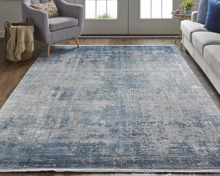 Blue Gray And Silver Abstract Power Loom Distressed Area Rug With Fringe Photo 5