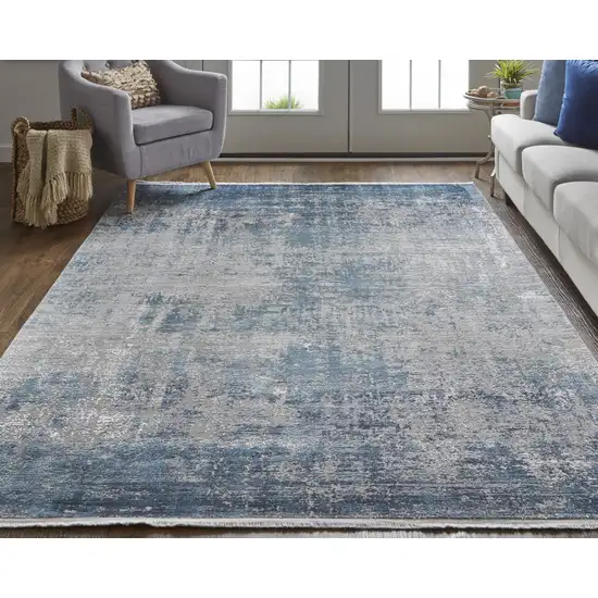 Blue Gray And Silver Abstract Power Loom Distressed Area Rug With Fringe Photo 5