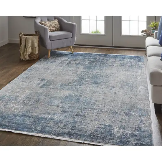 Blue Gray And Silver Abstract Power Loom Distressed Area Rug With Fringe Photo 6