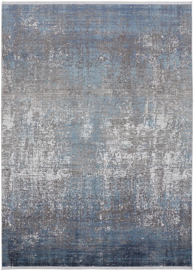 Blue Gray And Silver Abstract Power Loom Distressed Area Rug With Fringe Photo 1