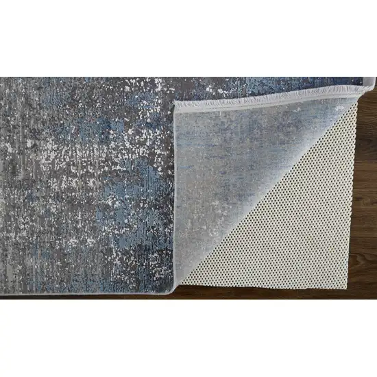 Blue Gray And Silver Abstract Power Loom Distressed Area Rug With Fringe Photo 3