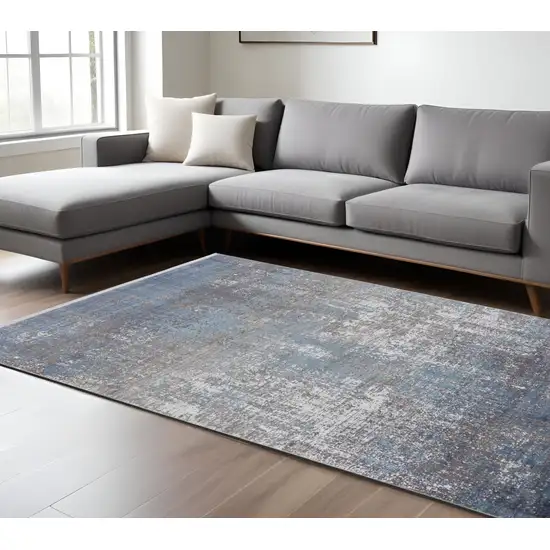 Blue and Gray Abstract Power Loom Distressed Area Rug With Fringe Photo 1