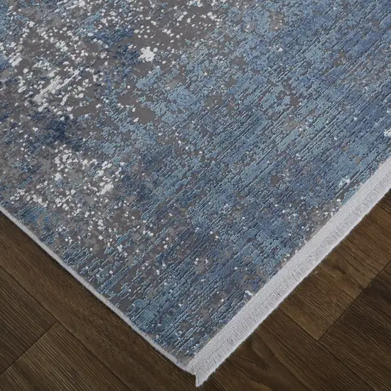 Blue Gray And Silver Abstract Power Loom Distressed Area Rug With Fringe Photo 4