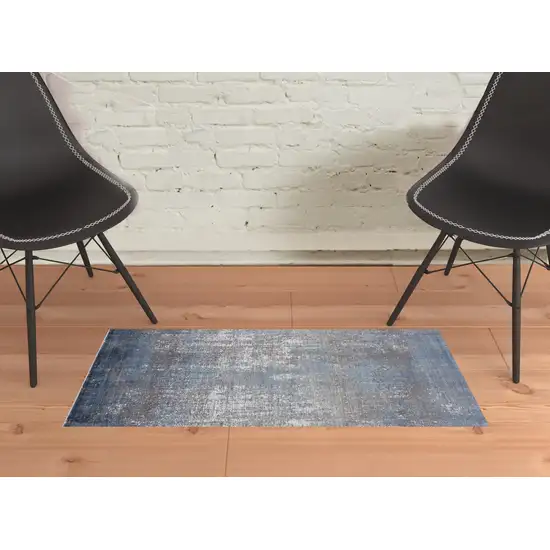 Blue Gray And Silver Abstract Power Loom Distressed Area Rug With Fringe Photo 2