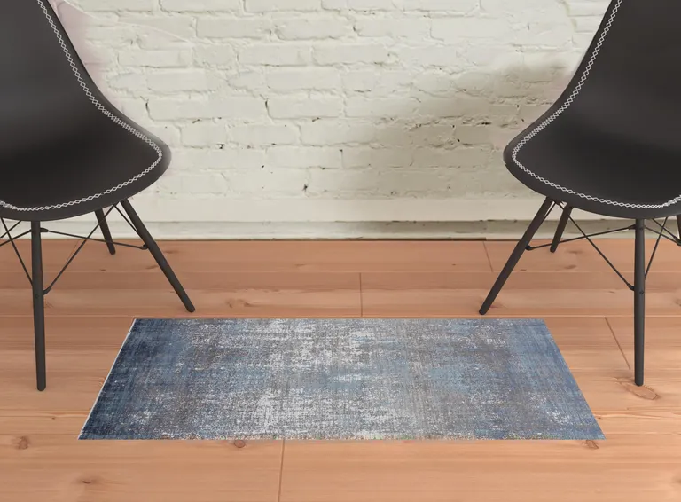 Blue Gray And Silver Abstract Power Loom Distressed Area Rug With Fringe Photo 2