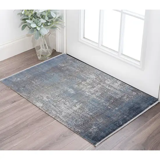 Blue and Gray Abstract Power Loom Distressed Area Rug With Fringe Photo 1