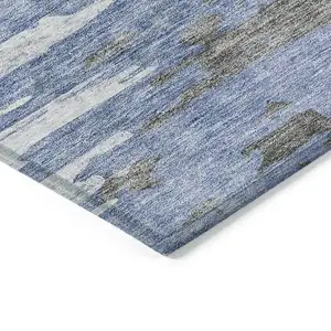 Photo of Blue Gray And Silver Abstract Washable Indoor Outdoor Area Rug