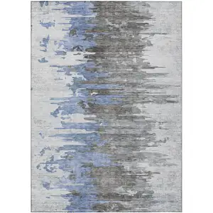 Photo of Blue Gray And Silver Abstract Washable Indoor Outdoor Area Rug