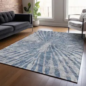 Photo of Blue Gray And Silver Abstract Washable Indoor Outdoor Area Rug