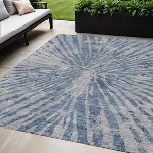 Photo of Blue Gray And Silver Abstract Washable Indoor Outdoor Area Rug