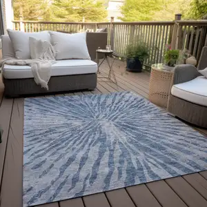 Photo of Blue Gray And Silver Abstract Washable Indoor Outdoor Area Rug