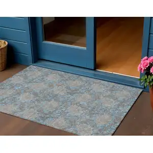 Photo of Blue Gray And Silver Floral Washable Indoor Outdoor Area Rug