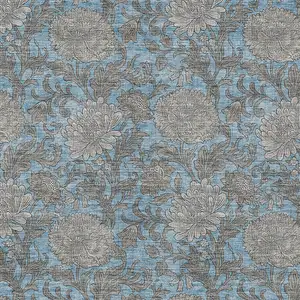 Photo of Blue Gray And Silver Floral Washable Indoor Outdoor Area Rug