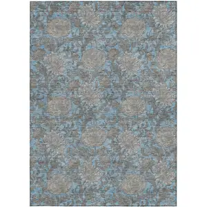 Photo of Blue Gray And Silver Floral Washable Indoor Outdoor Area Rug