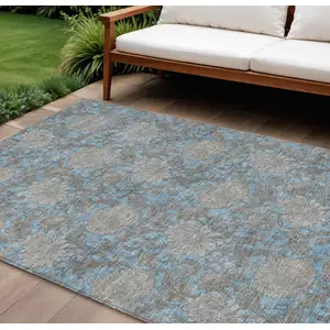 Photo of Blue Gray And Silver Floral Washable Indoor Outdoor Area Rug