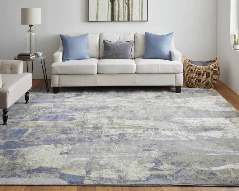 Blue Gray And Tan Abstract Power Loom Distressed Area Rug Photo 4