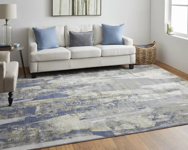 Blue Gray And Tan Abstract Power Loom Distressed Area Rug Photo 3