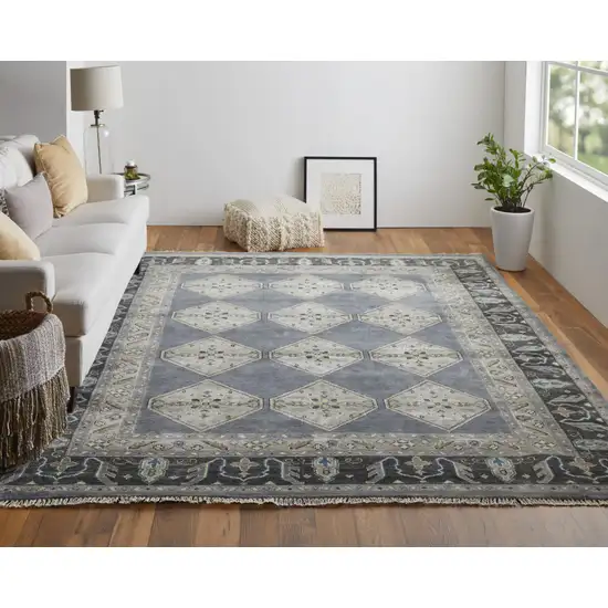 Blue Gray And Taupe Wool Floral Hand Knotted Stain Resistant Area Rug Photo 7