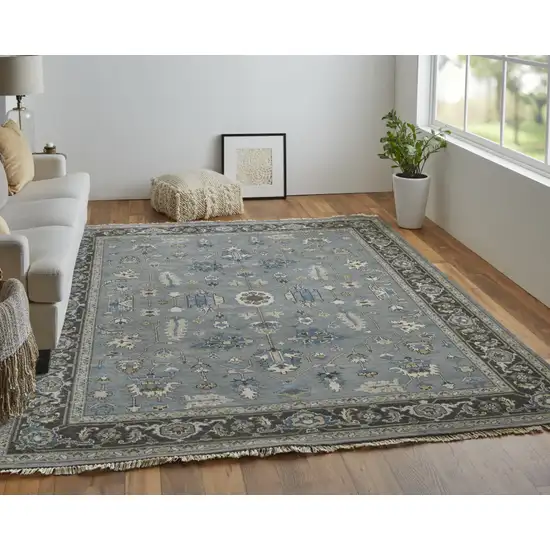 Blue Gray And Taupe Wool Floral Hand Knotted Stain Resistant Area Rug Photo 8