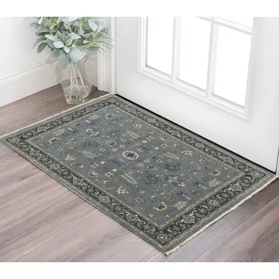 Gray and Ivory Wool Floral Hand Knotted Area Rug Photo 1