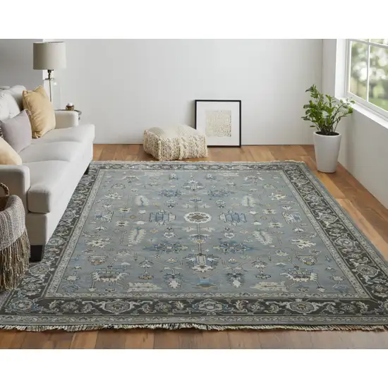 Blue Gray And Taupe Wool Floral Hand Knotted Stain Resistant Area Rug Photo 7