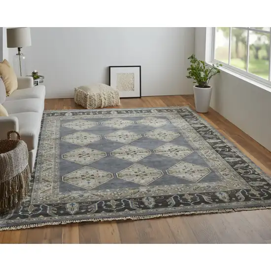 Blue Gray And Taupe Wool Floral Hand Knotted Stain Resistant Area Rug Photo 8