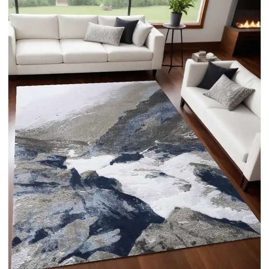 Blue Gray And White Abstract Stain Resistant Area Rug Photo 1