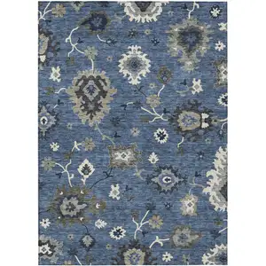 Photo of Blue Gray And White Floral Washable Indoor Outdoor Area Rug