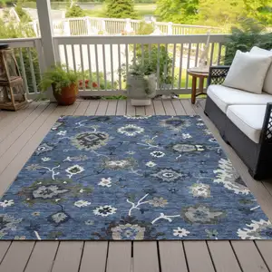 Photo of Blue Gray And White Floral Washable Indoor Outdoor Area Rug