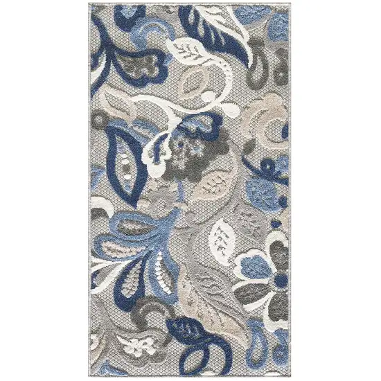 Blue Gray Jacobean Floral Indoor Outdoor Area Rug Photo 2