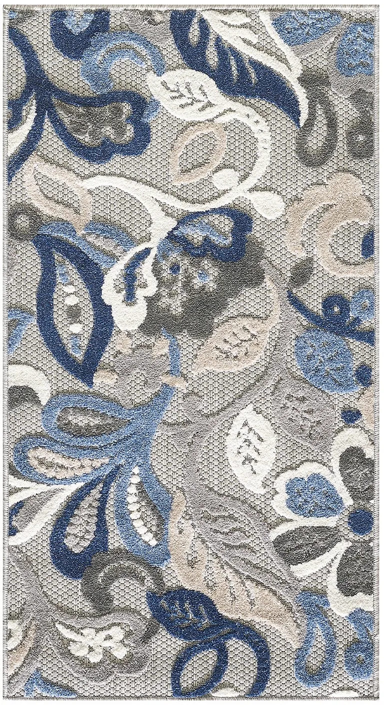 Blue Gray Jacobean Floral Indoor Outdoor Area Rug Photo 2