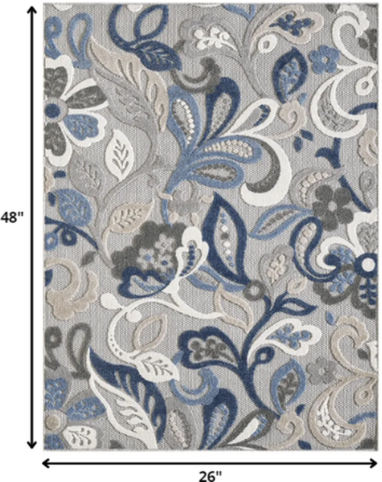 Blue Gray Jacobean Floral Indoor Outdoor Area Rug Photo 4