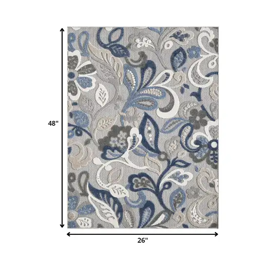 Blue Gray Jacobean Floral Indoor Outdoor Area Rug Photo 4