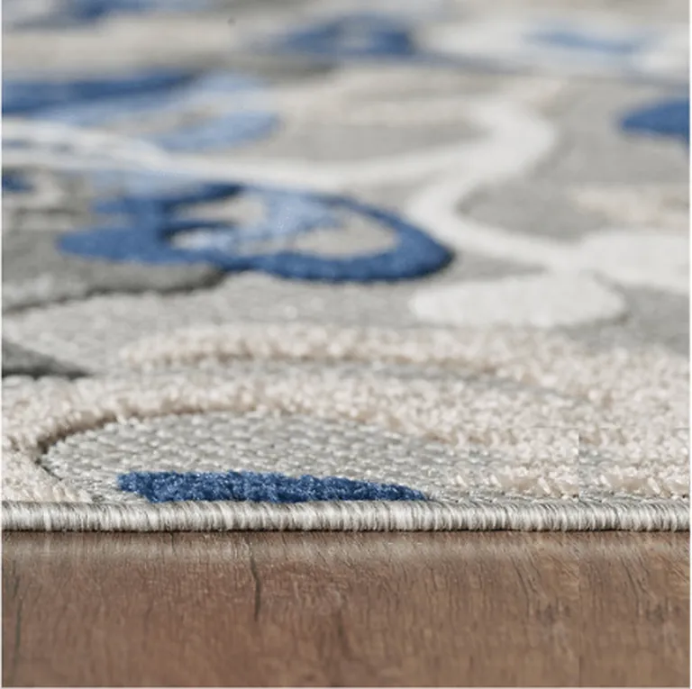 Blue Gray Jacobean Floral Indoor Outdoor Area Rug Photo 5