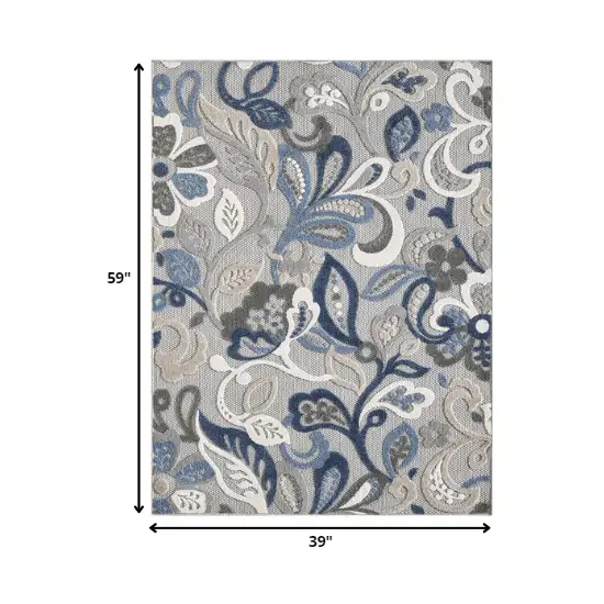 Blue Gray Jacobean Floral Indoor Outdoor Area Rug Photo 3