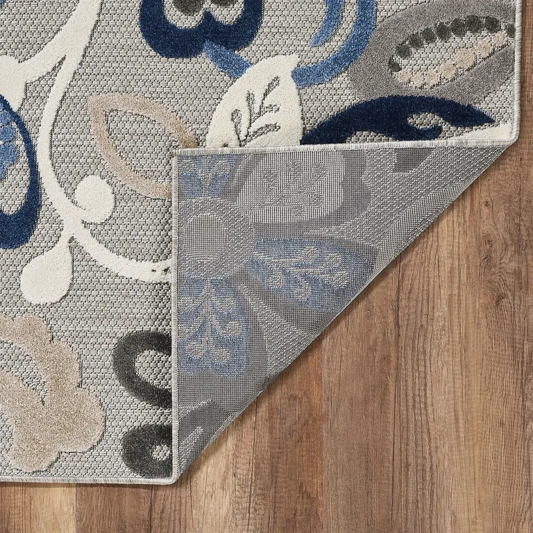 Blue Gray Jacobean Floral Indoor Outdoor Area Rug Photo 5