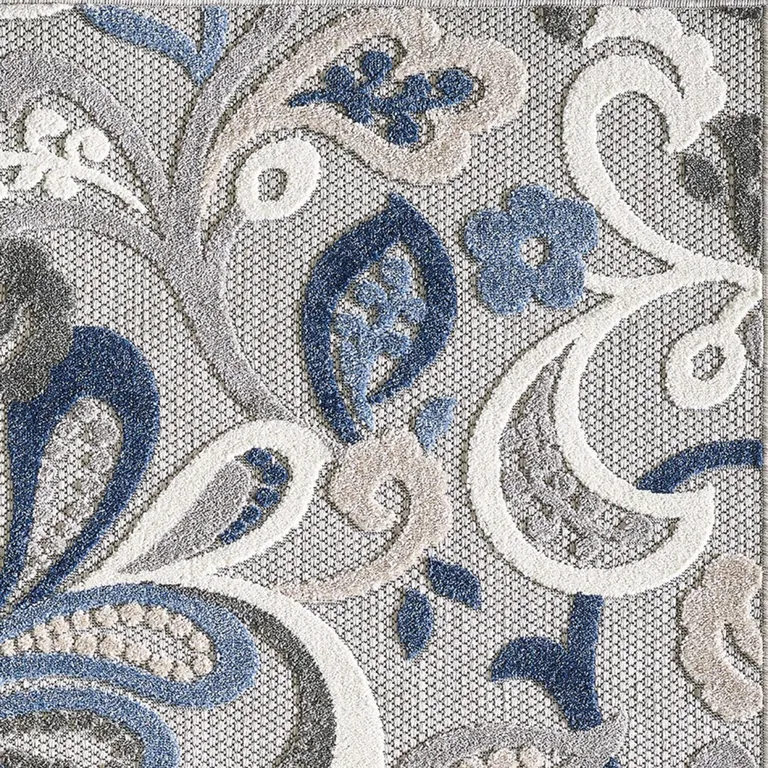 Blue Gray Jacobean Floral Indoor Outdoor Area Rug Photo 4