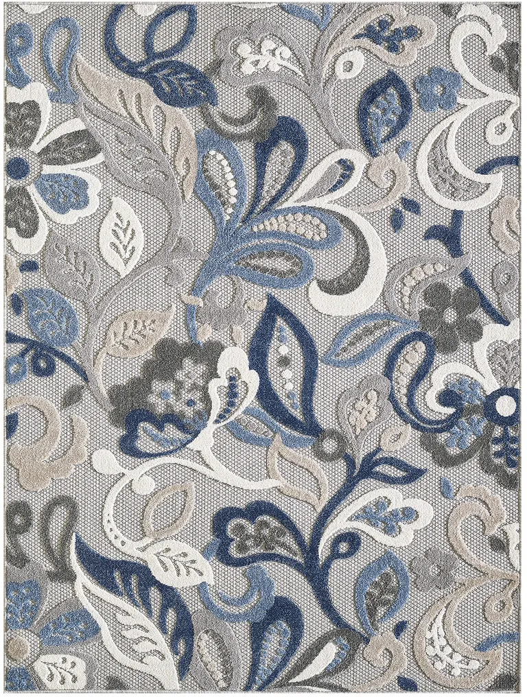 Blue Gray Jacobean Floral Indoor Outdoor Area Rug Photo 1