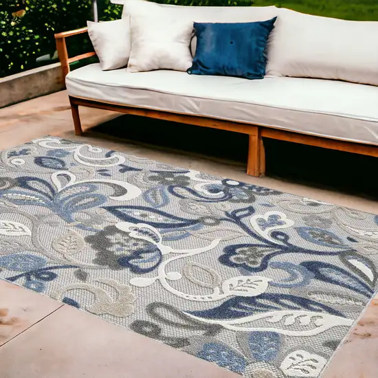 Blue And Gray Floral Stain Resistant Indoor Outdoor Area Rug Photo 2