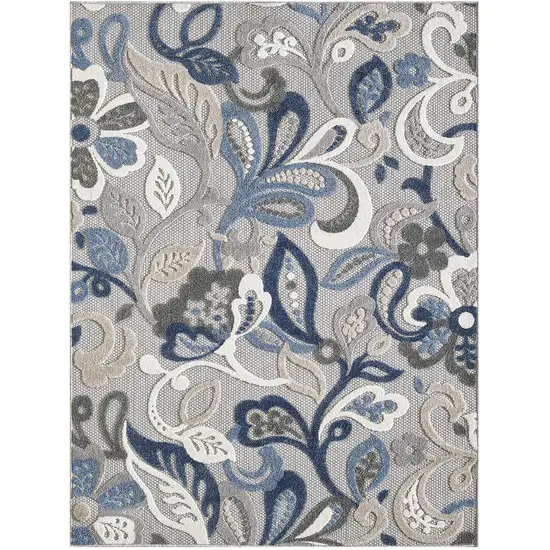 Blue Gray Jacobean Floral Indoor Outdoor Area Rug Photo 1