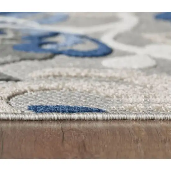 Blue Gray Jacobean Floral Indoor Outdoor Area Rug Photo 3