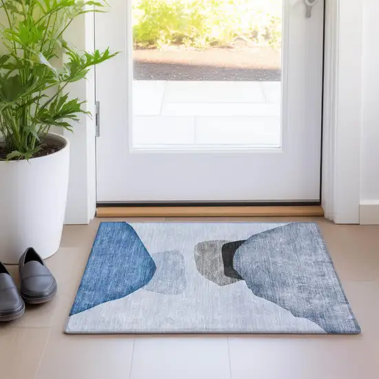 Blue Gray and Black Abstract Washable Non Skid Indoor Outdoor Area Rug Photo 9