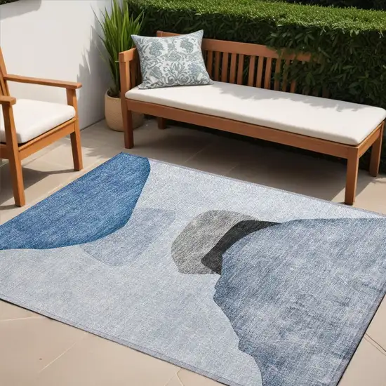 Blue Gray and Black Abstract Washable Non Skid Indoor Outdoor Area Rug Photo 1