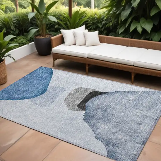 Blue Gray and Black Abstract Washable Non Skid Indoor Outdoor Area Rug Photo 1